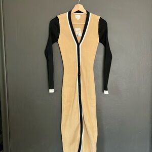 Dee Elly Tan Ribbed Button Up Sweater Dress